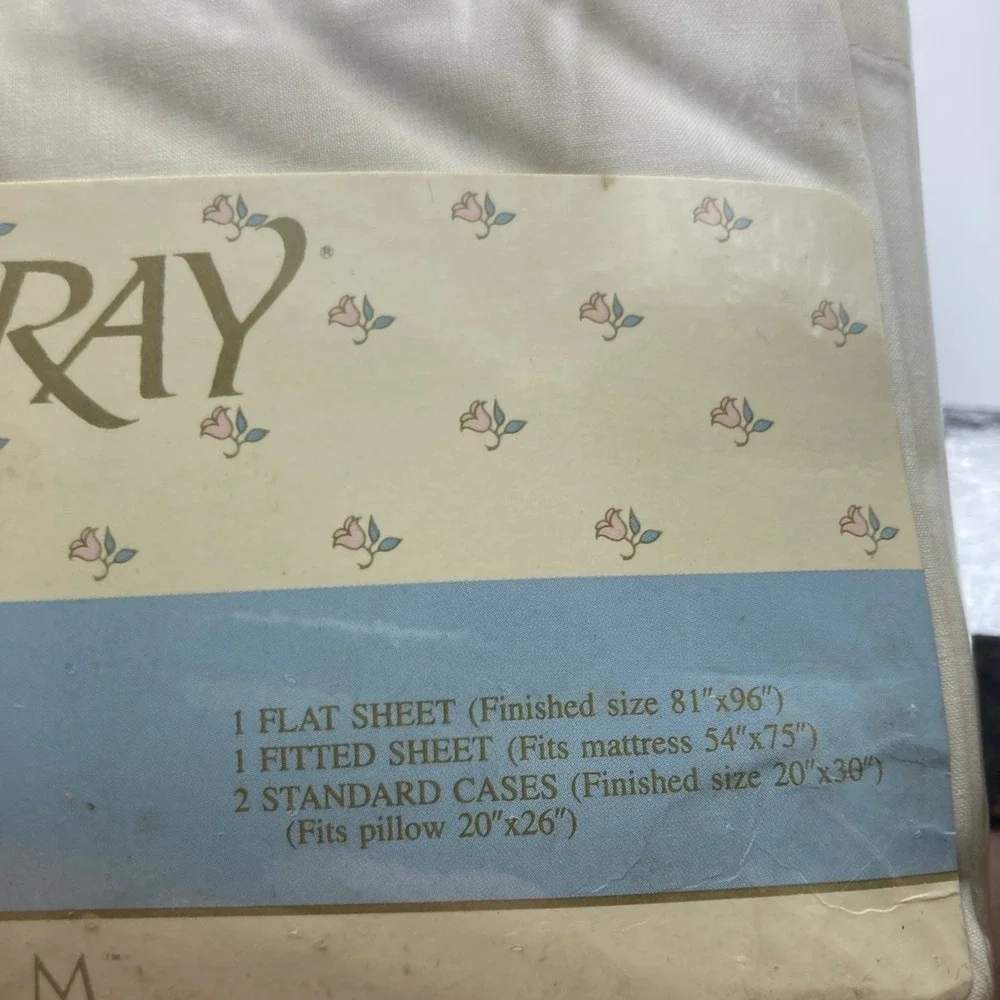 Vintage Elizabeth Gray Laurel Lace Ecru Percale Full Sheet Set USA